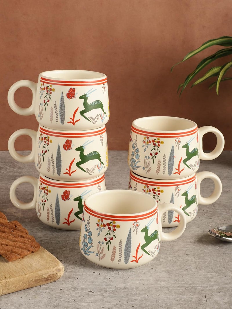 miah decor Ceramic Matte Printed Tea Coffee Mug Set of 6 Studio Pottery Drinkware Microwave Safe Stoneware Cups for Home & Restaurant - (Size HxW:-2X3.5 in ;Volume:- 180 ml) - Image 1