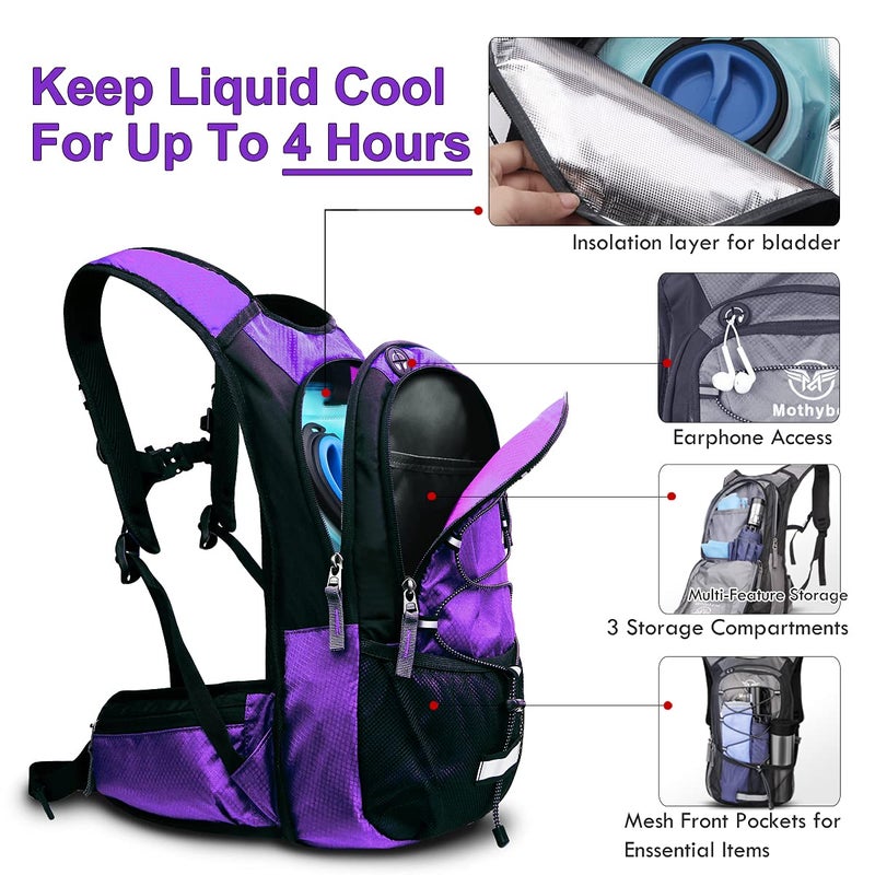 Mothybot Insulated Hydration Backpack Pack with 3L BPA Free Leak Proof Water Bladder, Large Storage Lightweight Hiking Daypack with Waist Pouches & Cooler Layer, for Running, Biking, Camping, Festival - Image 3