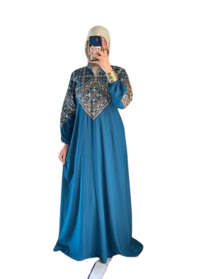 Women's cotton abaya (for going out and receiving guests) with luxurious geometric embroidery - Image 1