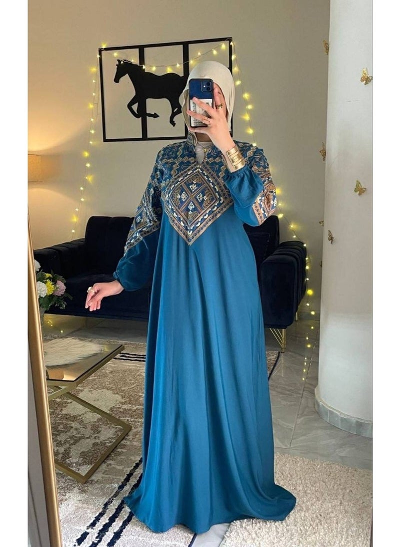 Women's cotton abaya (for going out and receiving guests) with luxurious geometric embroidery - Image 4