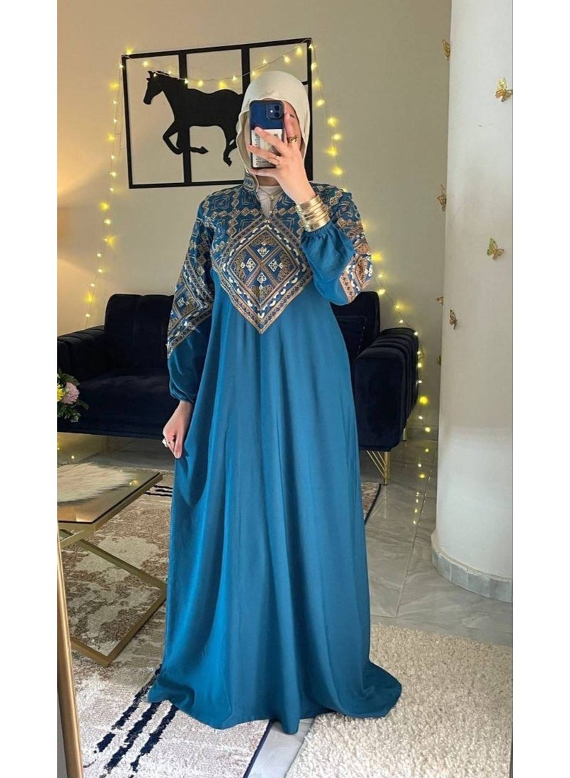 Women's cotton abaya (for going out and receiving guests) with luxurious geometric embroidery - Image 5