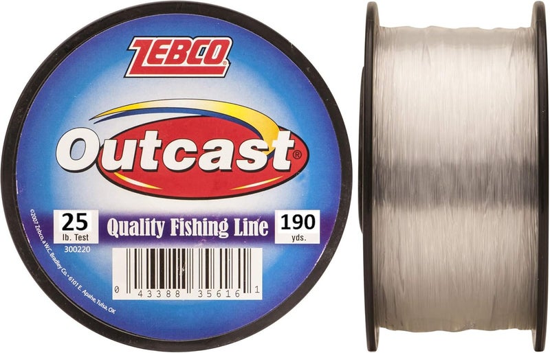 Zebco Outcast Monofilament Fishing Line - 190 Yards, 25 Pound Test, Low Memory and High Tensile Strength, Clear