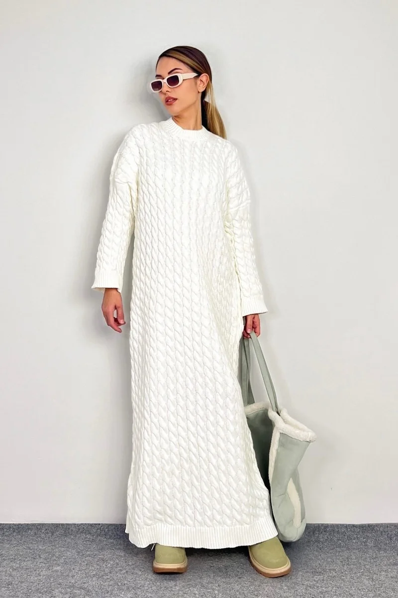 ريتنيس Women's Ashley Cream Hair Braided Knitwear Long Dress