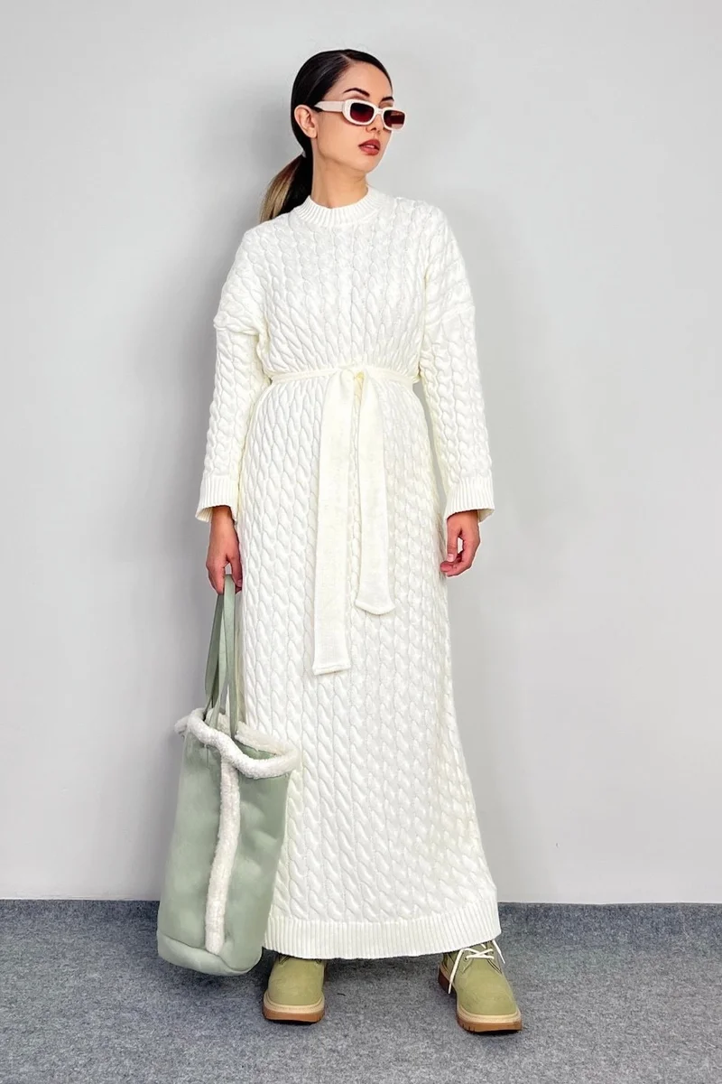 ريتنيس Women's Ashley Cream Hair Braided Knitwear Long Dress