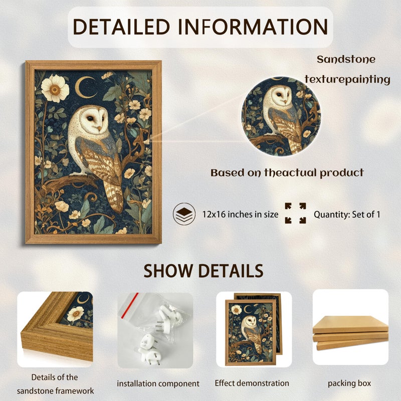 AKWISH Framed William Morris Wall Art, 3D Textured Cottagecore Vintage Barn Owl Wall Decor, Hand Drawn Sandstone Botanical Art, Dark Academia Flowers Artwork for Bedroom, Farmhouse Home Decor 12x16 inch - Image 5