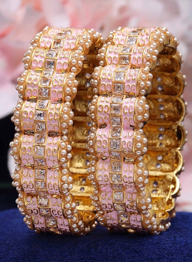 Karatcart Gold Plated Pink Meena Kundan Rajwadi Bangles Set for Women - Image 4