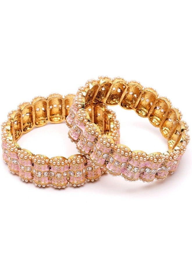 Karatcart Gold Plated Pink Meena Kundan Rajwadi Bangles Set for Women - Image 5