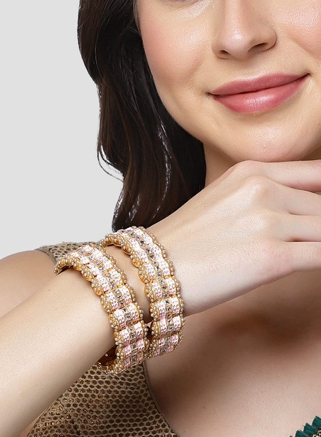 Karatcart Gold Plated Pink Meena Kundan Rajwadi Bangles Set for Women - Image 2