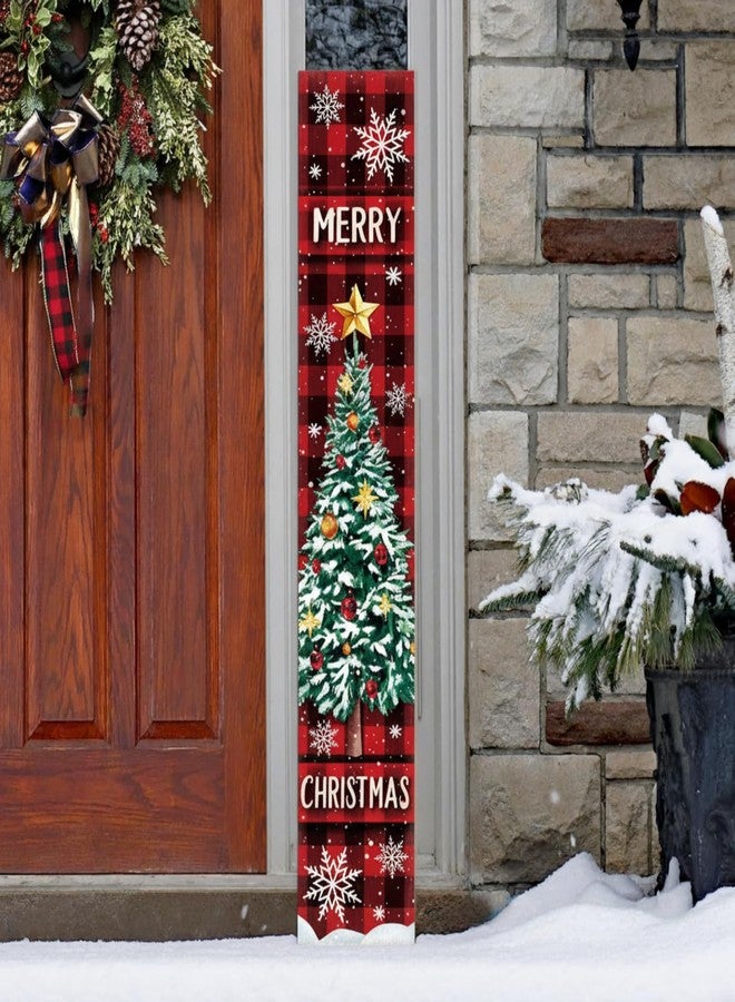 Threehoney 47" Large Christmas Porch Sign Red Buffalo Plaid Welcome Sign Wooden Tall Christmas Porch Decor Leaner Front Door Decor for Rustic Farmhouse Xmas Holiday Outdoor Home Yard Gift - Image 1