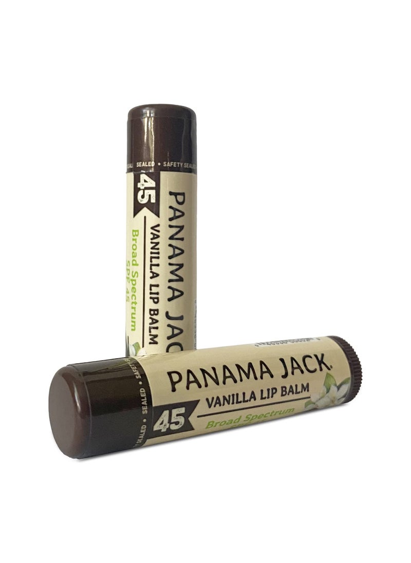 panama jack - Panama Jack Sunscreen Lip Balm  SPF 45 Broad Spectrum UVAUVB Sunscreen Protection Prevents  Soothes Dry Chapped Lips Vanilla Pack of 2 - Image 1