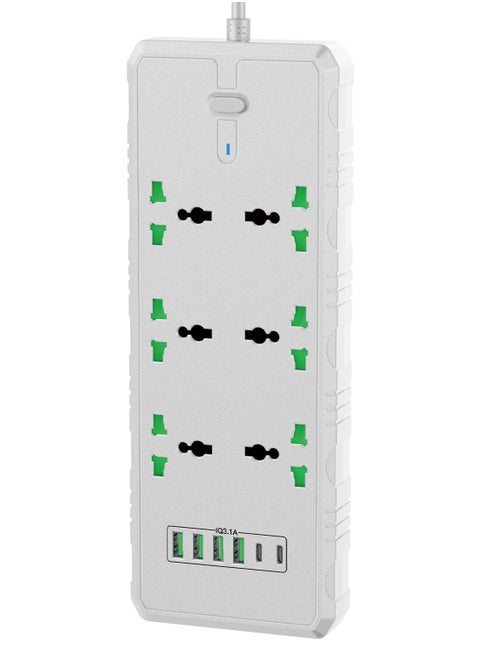 Power Extension Cord 2 Meter Cable With 6 Power Socket 4 USB 2 PD Power Strip White