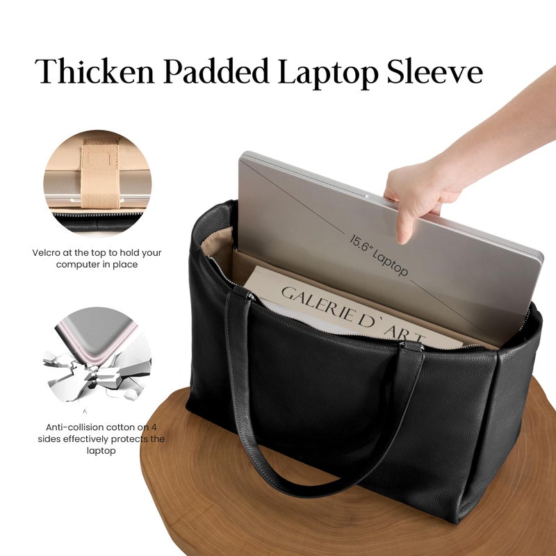 befen Black Genuine Leather Work Tote Bag for Women, Womens Totes Shoulder Purses Satchel Handbags with 15.6" Compartment & Water Cup Holder - Image 4