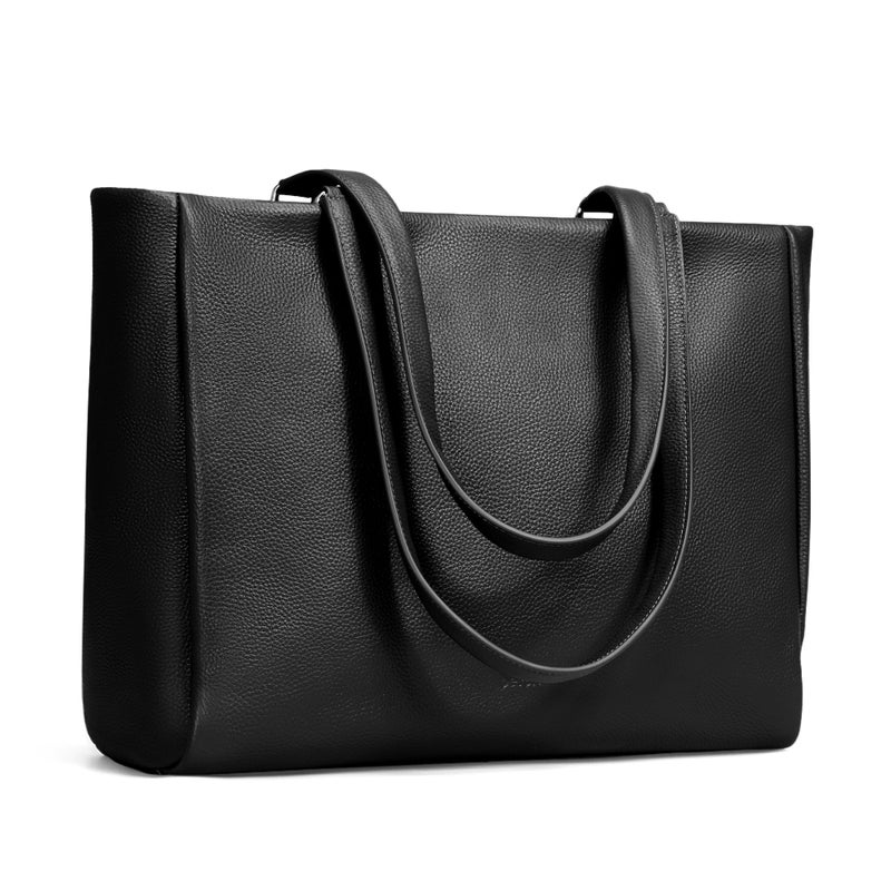 befen Black Genuine Leather Work Tote Bag for Women, Womens Totes Shoulder Purses Satchel Handbags with 15.6" Compartment & Water Cup Holder - Image 1