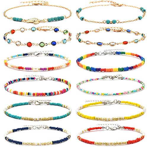 XIJIN 12Pcs Small Beaded Anklets for Women Handmade Colorful Beads Anklet Foot Ankle Bracelets Set - Image 1