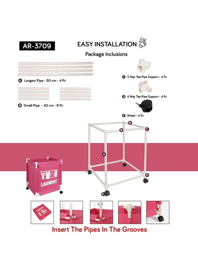 HOKIPO - HOKIPO Oxford Fabric Laundry Basket With Wheels | Laundry Hamper with Lid Cover | Rolling Laundry Clothes Basket Trolley, 60x44x44 cm, Pink, Pack of 1 (AR3709) - Image 1