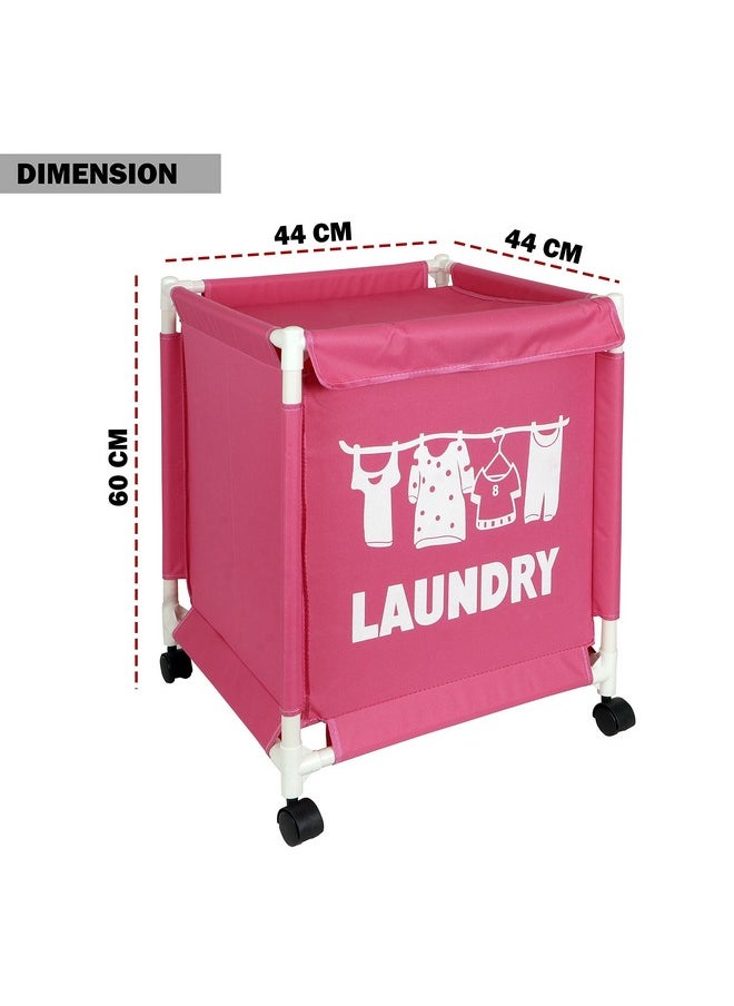 HOKIPO - HOKIPO Oxford Fabric Laundry Basket With Wheels | Laundry Hamper with Lid Cover | Rolling Laundry Clothes Basket Trolley, 60x44x44 cm, Pink, Pack of 1 (AR3709) - Image 1