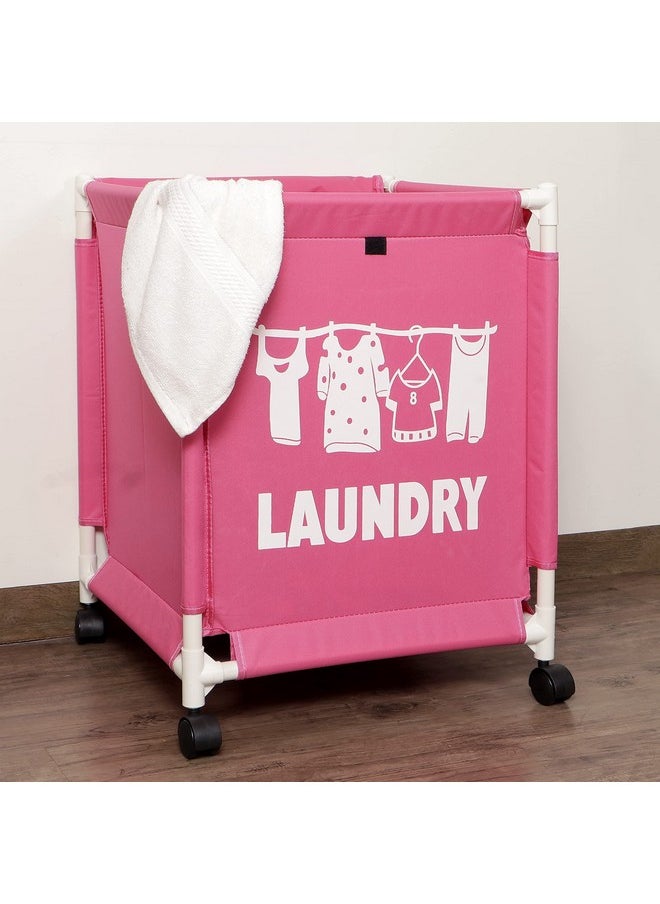 HOKIPO - HOKIPO Oxford Fabric Laundry Basket With Wheels | Laundry Hamper with Lid Cover | Rolling Laundry Clothes Basket Trolley, 60x44x44 cm, Pink, Pack of 1 (AR3709) - Image 1
