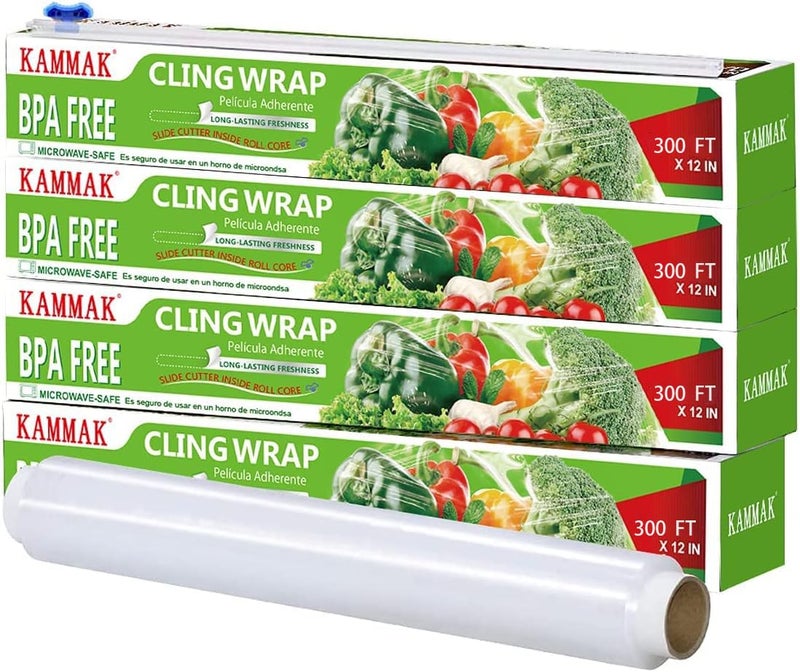 KAMMAK KAMMAK Plastic Wrap with Slide Cutter  4 Pack 12 inch Clear Cling Film 300 Square FT Roll  BPA Free Microwave Safe Quick Cut Kitchen Wrap
