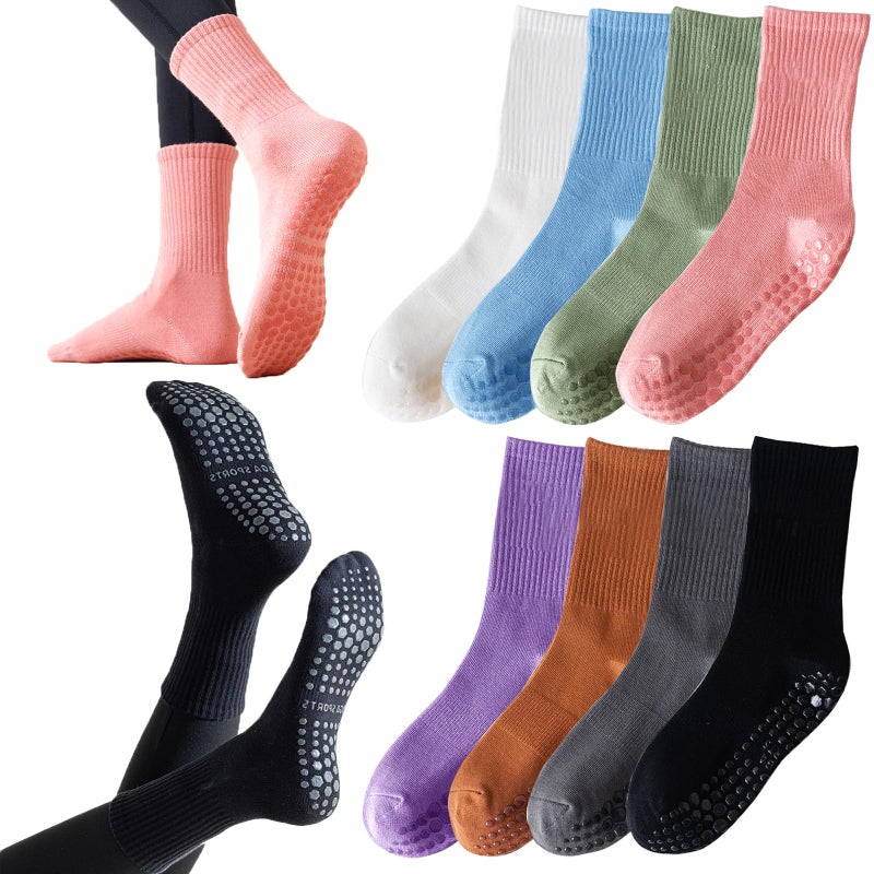 Tergy 8 Pairs Long Yoga Socks with Grip for Women Anti Skid Gripper Socks No Slip Socks for Pilates, Barre, Dance,Yoga (8 Solid Colors) - Image 1