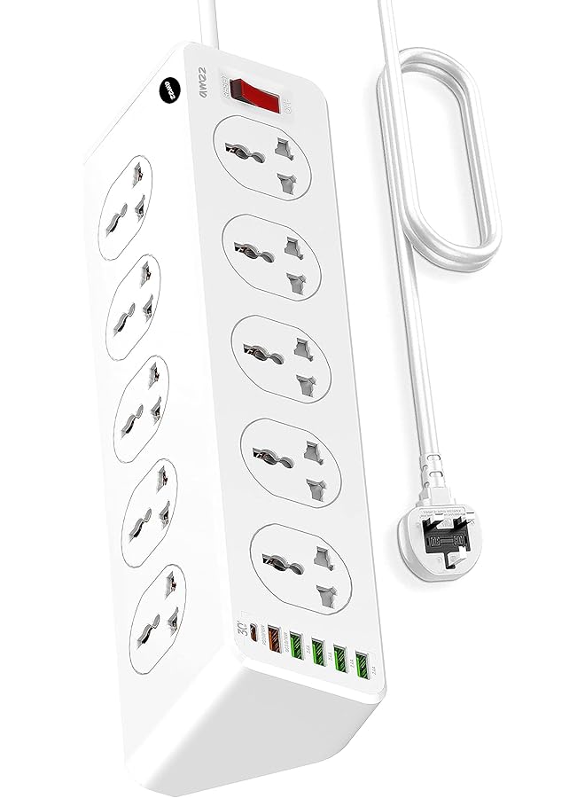 شريط الطاقة أمز 10 طرق مع واقي من زيادة التيار، 6 منافذ USB، سلك تمديد بطول 2 متر، ومحول شحن سريع - الحل النهائي لتمديد الطاقة للمنزل والمكتب