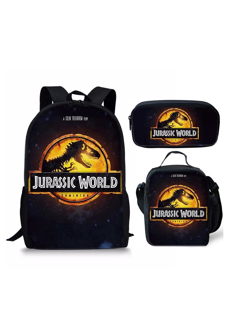 JURASSIC WORLD New Jurassic Park Dinosaur Three piece Set with Large Capacity Backpack, Student School Bag, Lunch Bag, Pen Bag  - Image 1