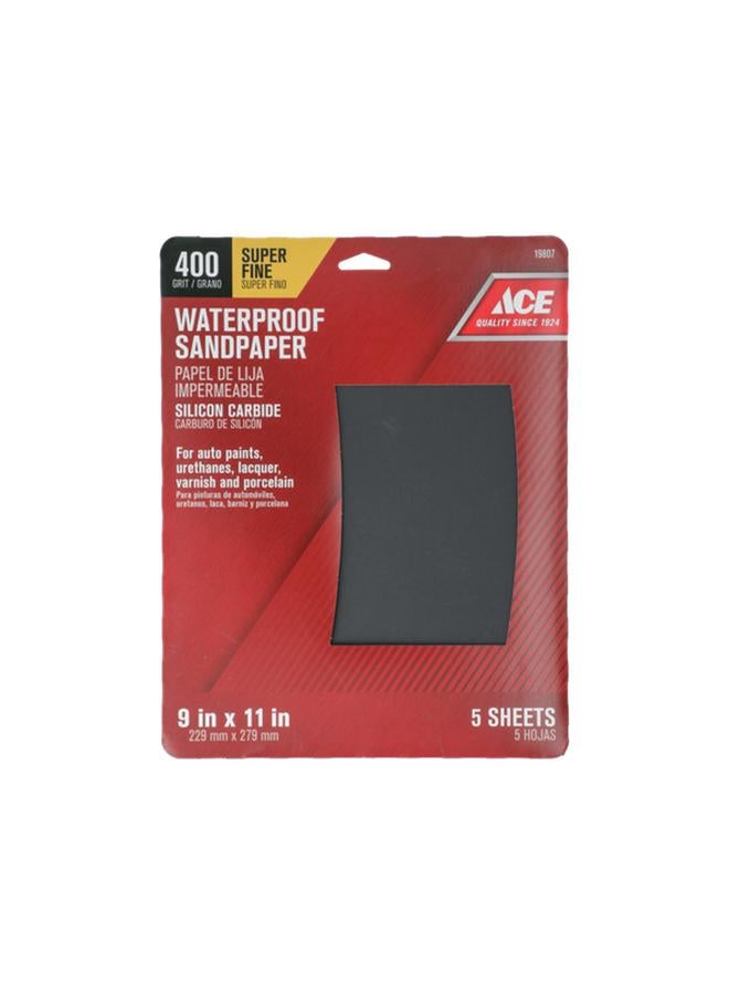 ACE 5-Piece 400 Grit Silicon Carbide Waterproof Sandpaper Black 9 x 11inch - Image 1