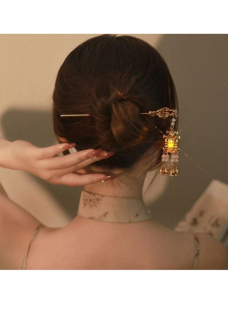 LLASIDO 2 PCS Ancient Style Hairpin Hair Clips Chinese Lantern Lotus Flower Tassel Headpieces For Women Girls, Ponytail Updo Bun For Thin Thick Hair - Image 2