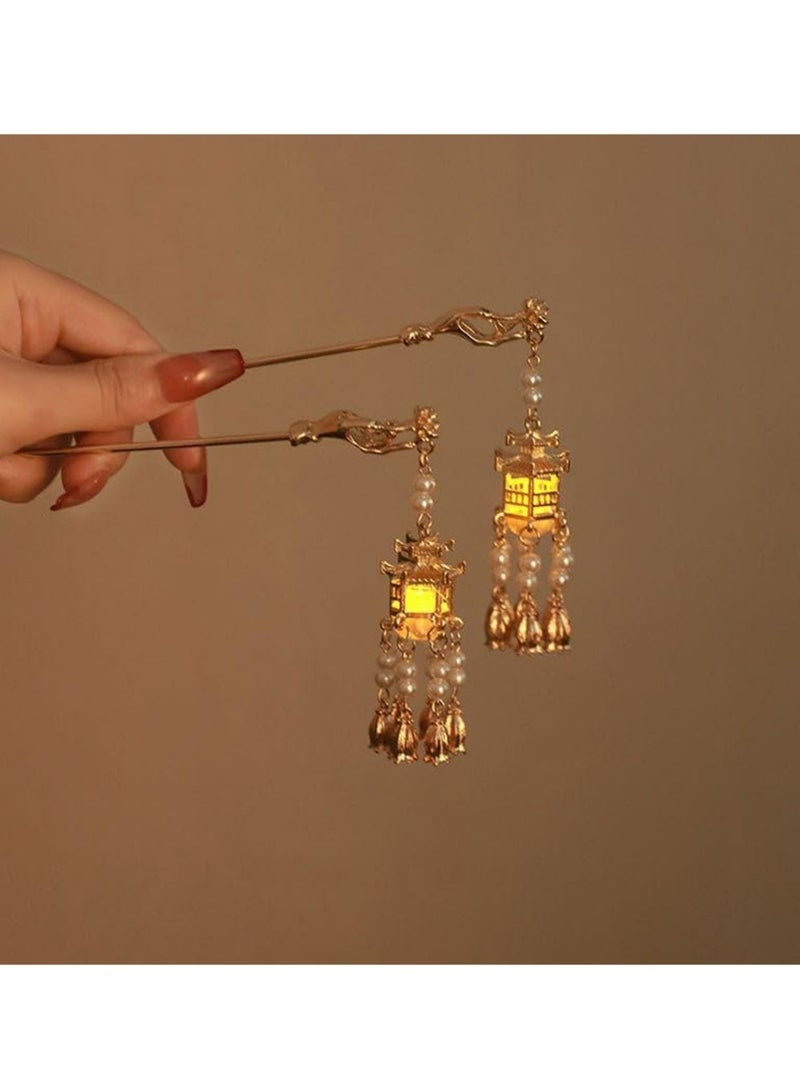 LLASIDO 2 PCS Ancient Style Hairpin Hair Clips Chinese Lantern Lotus Flower Tassel Headpieces For Women Girls, Ponytail Updo Bun For Thin Thick Hair - Image 5