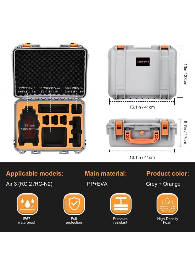 YETEETH Hard Case For Dji Air 3, Waterproof Pressure Resistant Carrying Case For Dji Air 3 Accessories - Fits Latest Dji Rc 2/Rc-N2 (Grey)  - Image 3