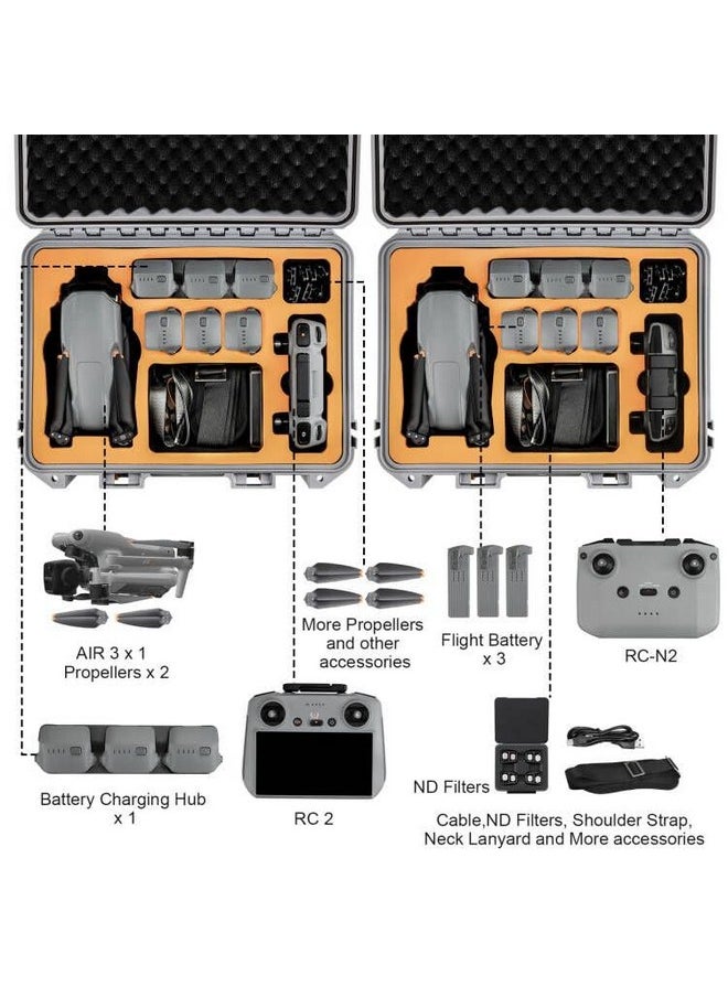 YETEETH Hard Case For Dji Air 3, Waterproof Pressure Resistant Carrying Case For Dji Air 3 Accessories - Fits Latest Dji Rc 2/Rc-N2 (Grey)  - Image 2
