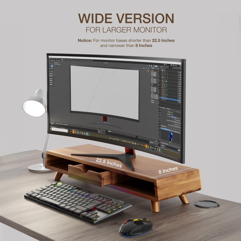 TINAMO Acacia Wood Monitor Stand with Drawer - Wooden Monitor Riser for Desk - Computer Monitor Stand for Desk - Multi-Purpose Desktop Storage Stand for Computer; Laptop; Printer; TV - 24.4 " x 8" x 5" (Walnut color) (Patented) - Image 3