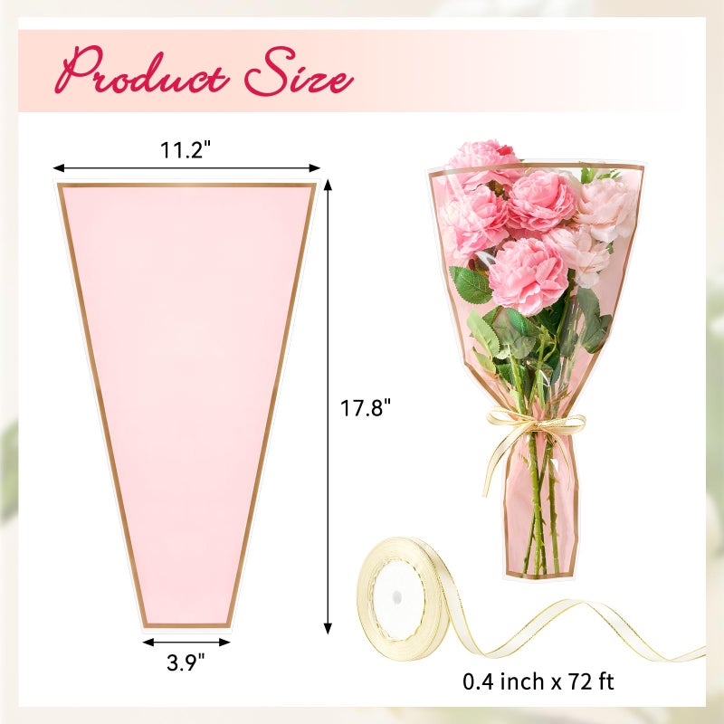 Mauproy 50 Pack Pink Flower Bags for Bouquets, 17.8 x 11.2 Inches Plastic Flower Sleeves Clear Front Floral Wraps with Ribbons for Mother's Day Florist Packaging Supplies - Image 2