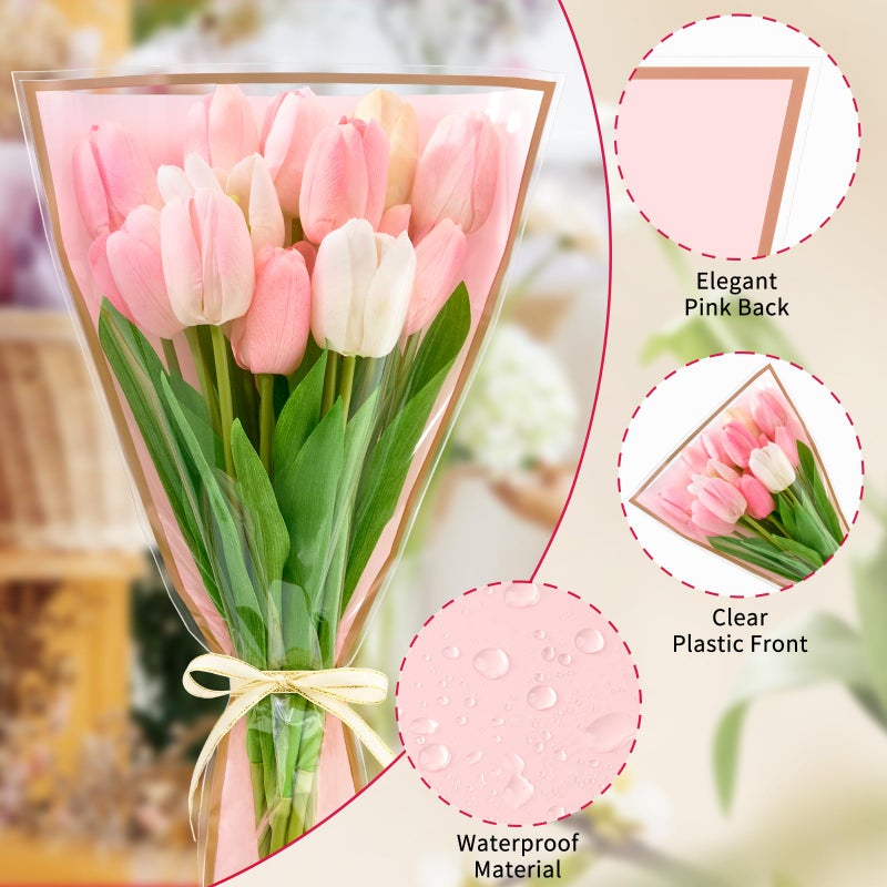 Mauproy 50 Pack Pink Flower Bags for Bouquets, 17.8 x 11.2 Inches Plastic Flower Sleeves Clear Front Floral Wraps with Ribbons for Mother's Day Florist Packaging Supplies - Image 3