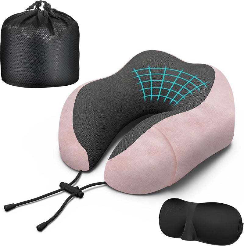 Neck Travel Pillow, Upgraded Memory Foam Pillow for Airplane, Machine Washable, Adjustable Flight Pillow, Suitable for Sleeping Airplane, Car, Office and Home (Pink) - Image 1
