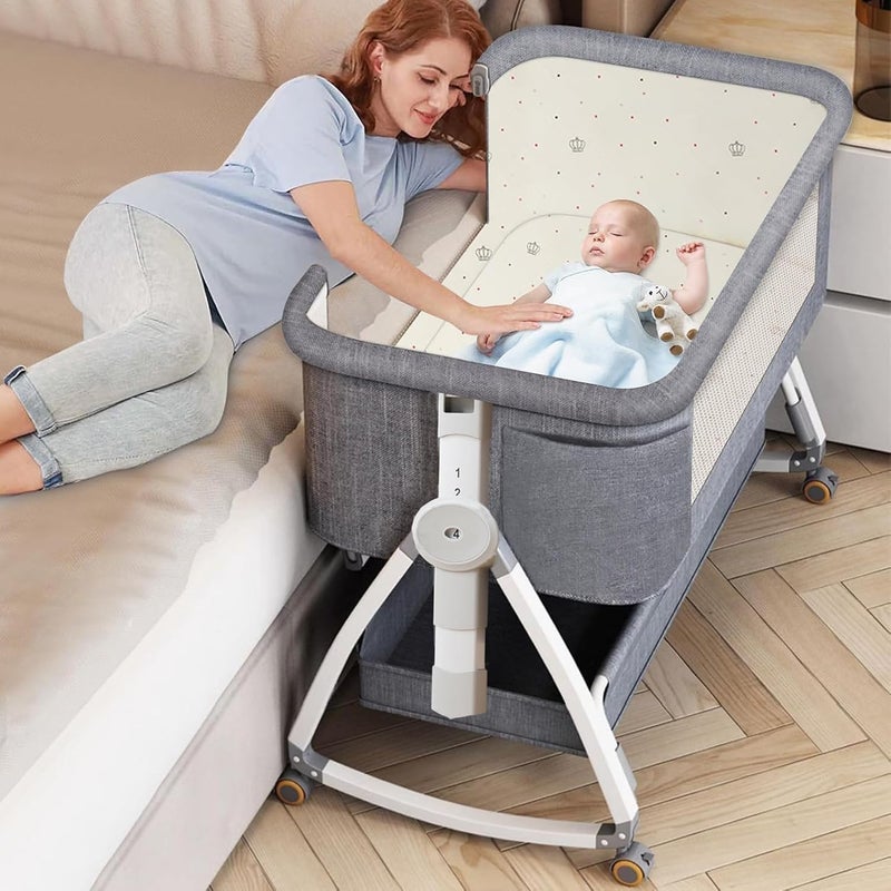 TDOO Baby Bedside Crib, Folding Newborn Bedside Sleeper, Baby Bassinet bed With Large Storage Basket, Side Mesh Portable Infant Travel Crib,Adjustable Height Soft Mattress with Swivel Wheels mosquito net - Image 2