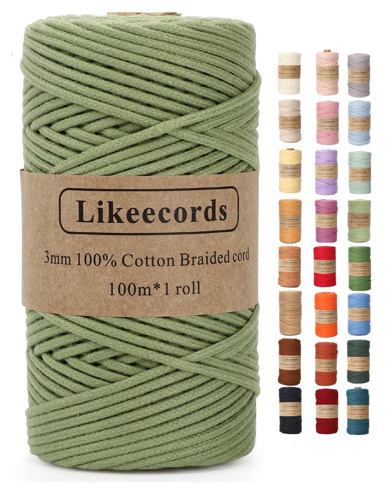 Likeecords Braided Macrame Cotton Cord 3mm x 109yards Macrame Rope Natural Cotton Craft Cord for Bag Wall Hanging Plant Hangers Crafts Knitting Pea Green