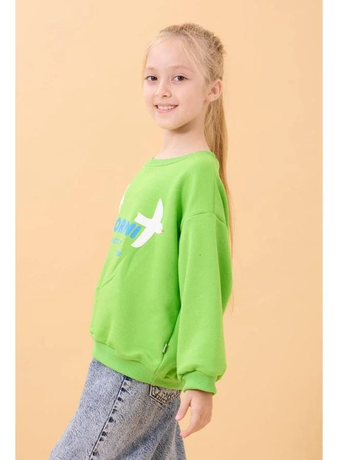 Perendi Girl Oversize Santorini Printed Seasonal Sweatshirt – Green