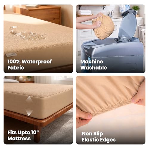 MY ARMOR Premium Ultra Soft Cotton Feel Mattress Protector/Bed Protector | 100% Waterproof, Breathable, 2 Layer Protection | Washable, Hypoallergenic | Elastic Skirting | Beige, Single Bed [72" x 36"] - Image 4