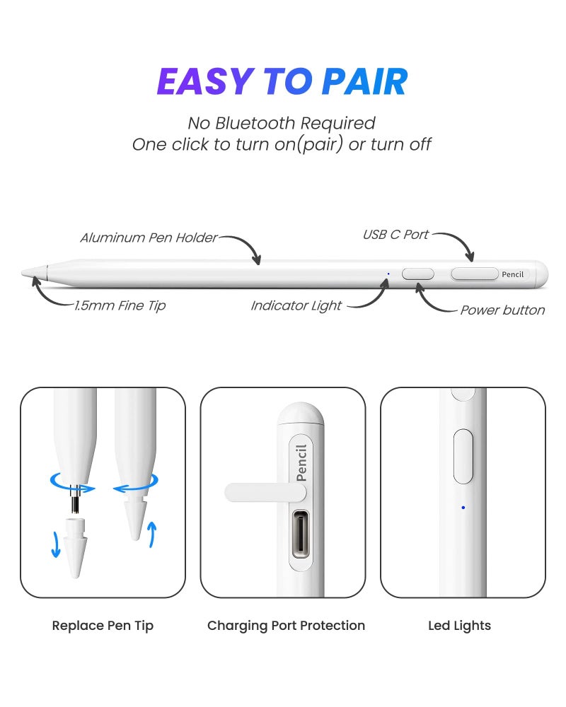 Barakah iPad Pencil, Active iPad Stylus Pen with 10X Fast & Palm Rejection Magnetic Absorption Replacement for Apple Pencil - for iPad 6-10th, Pro 11''/12.9'' 3-6th, Air 3-5th, Mini 5-6th Gen - Image 2