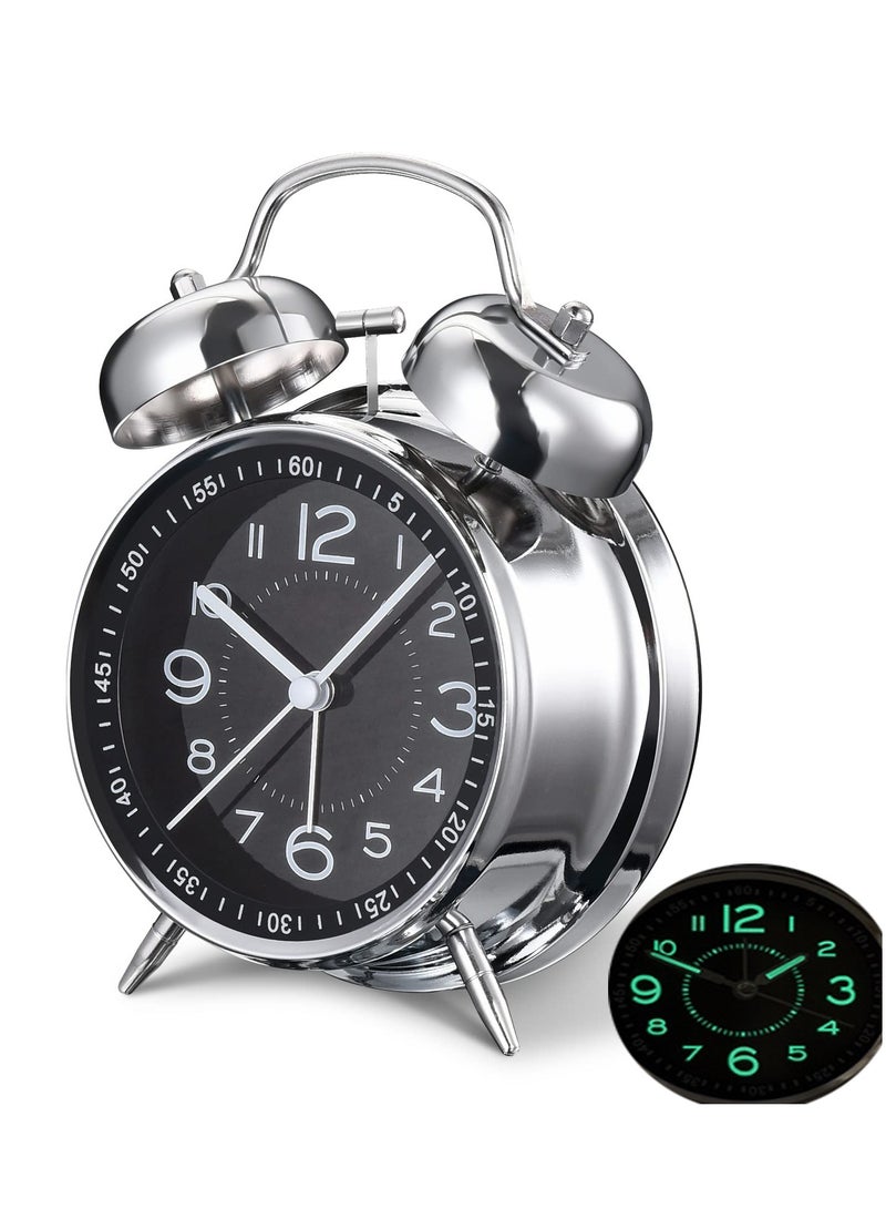 Super Alarm Clock Suitable For Adult Heavy Sleepers, Dual Bell Retro 4-Inch Silent Non Ticking Quartz With Backlight, Metal Dial, Bedroom Bedside Alarm Clock (Silver)  - Image 1