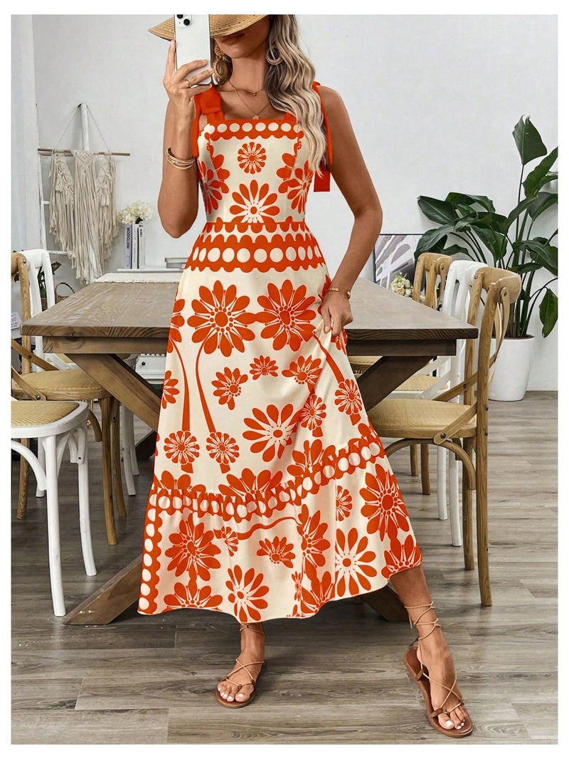 Floerns Women's Vintage Sleeveless Tie Shoulder Sundress Floral Print Cami Maxi Dress Orange Medium - Image 5