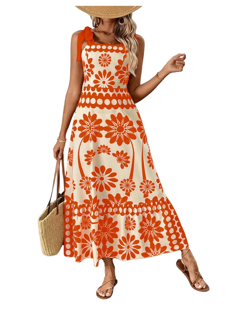 Floerns Women's Vintage Sleeveless Tie Shoulder Sundress Floral Print Cami Maxi Dress Orange Medium - Image 1