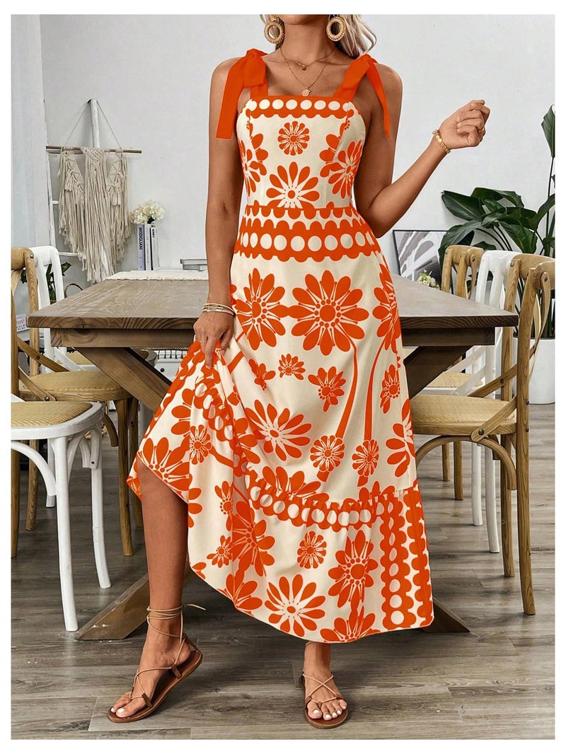 Floerns Women's Vintage Sleeveless Tie Shoulder Sundress Floral Print Cami Maxi Dress Orange Medium - Image 2