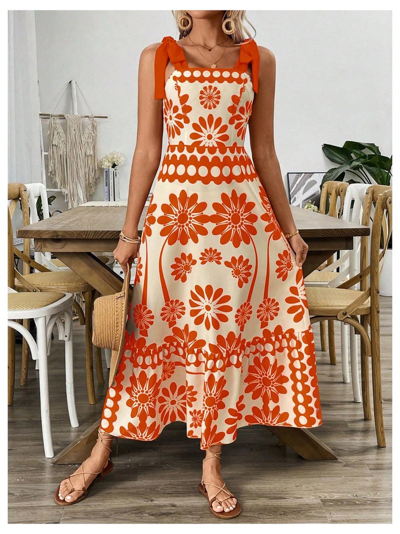 Floerns Women's Vintage Sleeveless Tie Shoulder Sundress Floral Print Cami Maxi Dress Orange Medium - Image 4