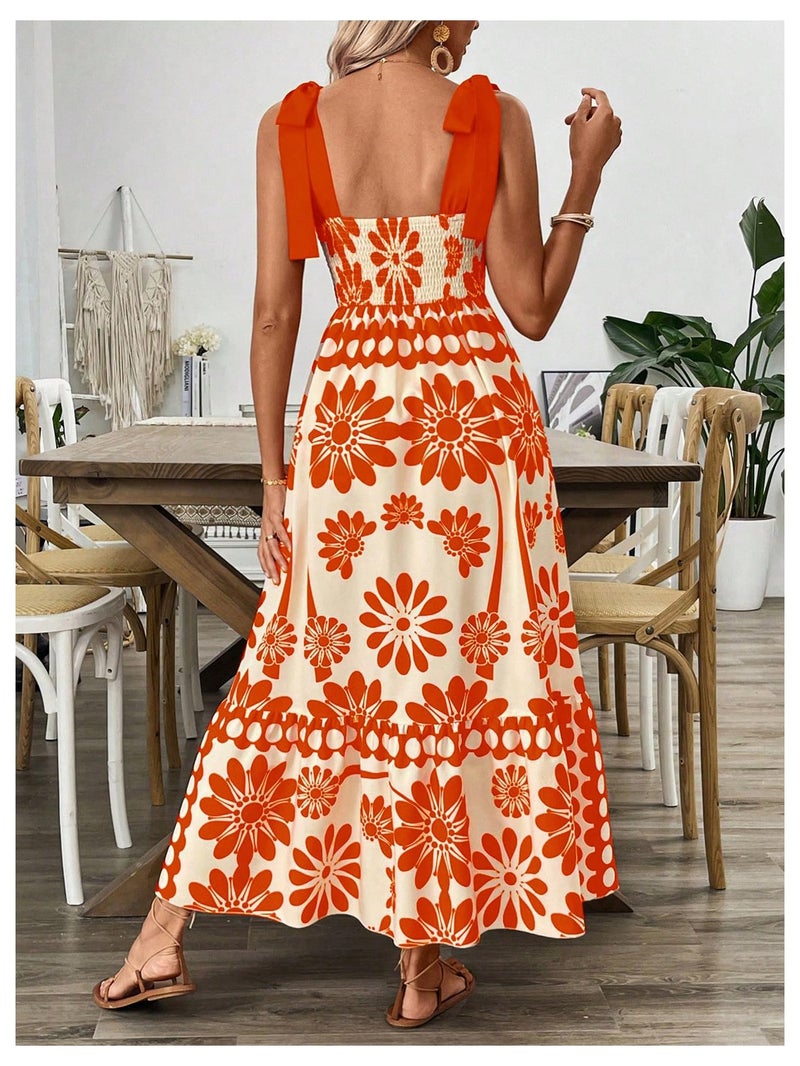 Floerns Women's Vintage Sleeveless Tie Shoulder Sundress Floral Print Cami Maxi Dress Orange Medium - Image 3