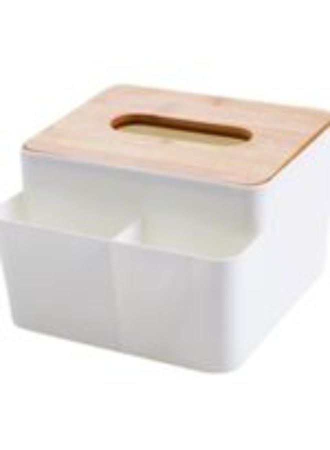 Functional Tissue Box Cover with Remote Control Holder, Bamboo Top, White Plastic Storage Organiser - Image 4