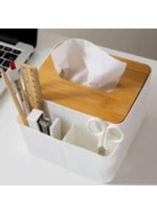 Functional Tissue Box Cover with Remote Control Holder, Bamboo Top, White Plastic Storage Organiser - Image 3