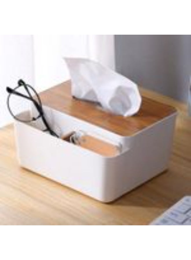 Functional Tissue Box Cover with Remote Control Holder, Bamboo Top, White Plastic Storage Organiser - Image 2