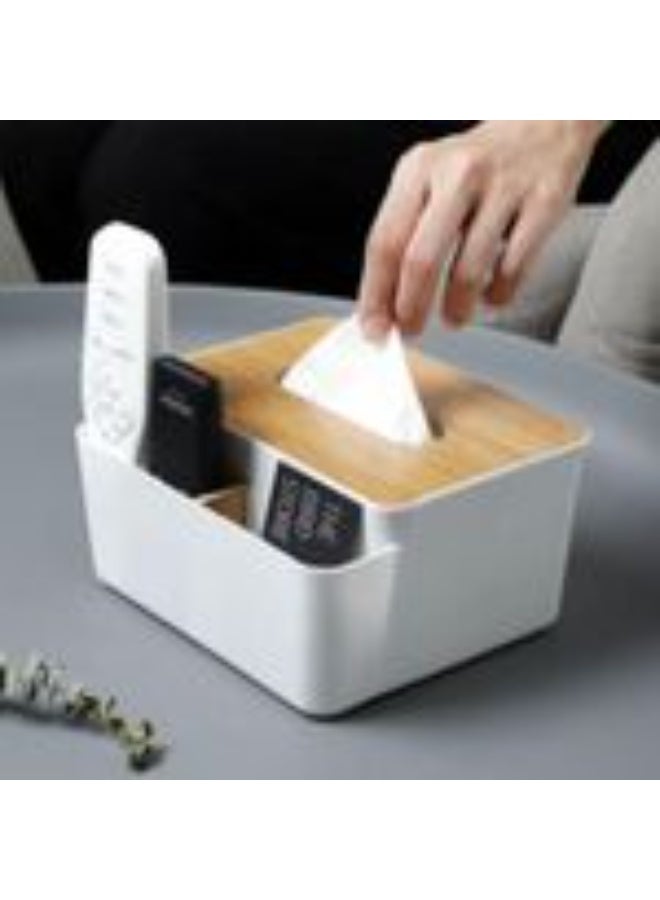 Functional Tissue Box Cover with Remote Control Holder, Bamboo Top, White Plastic Storage Organiser - Image 1