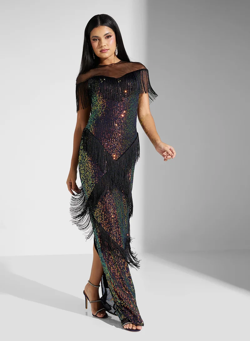 Akadia Fashion sequin tulle trim layers dress